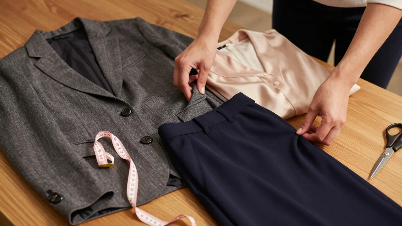 Hands organizing tailored clothing items and tailoring tools on a table