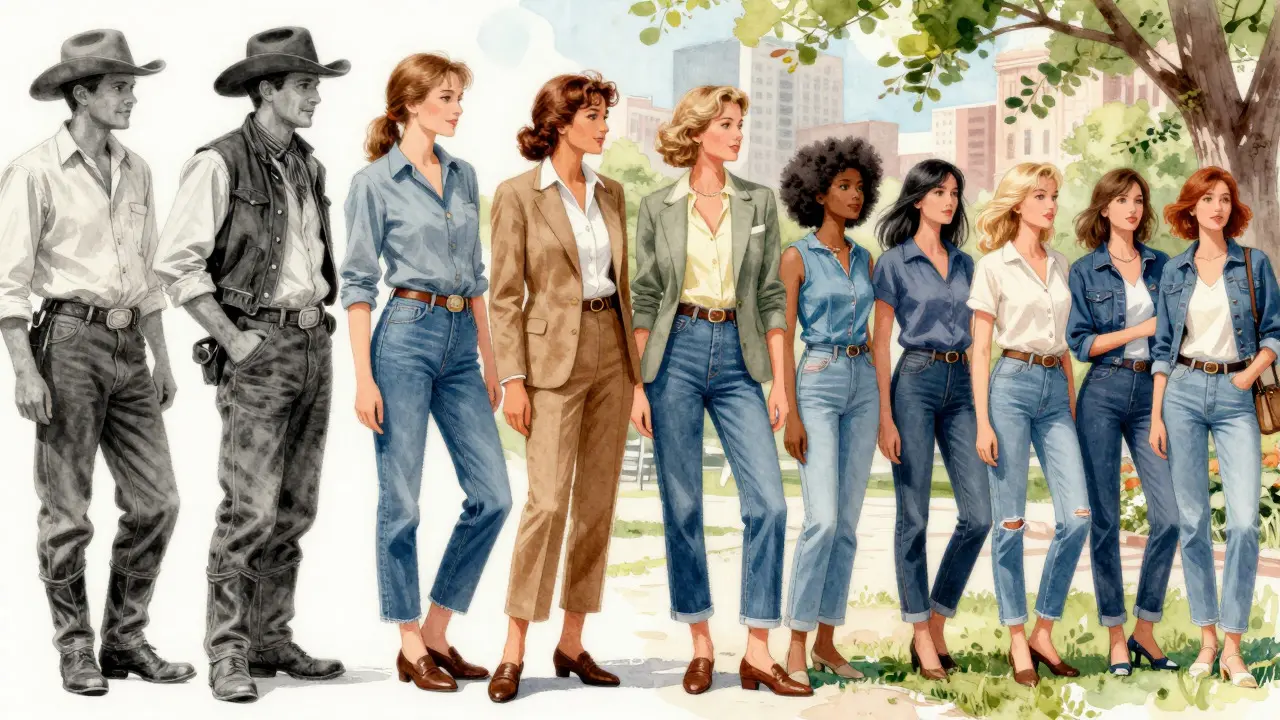 Illustration showing denim's history from workwear to modern style