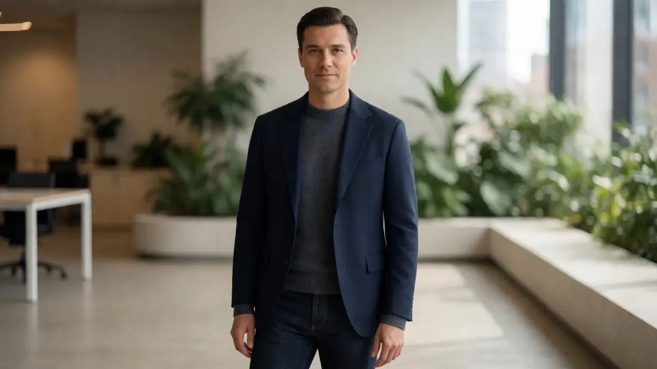 Leader in smart-casual blazer and jeans standing in a modern office.