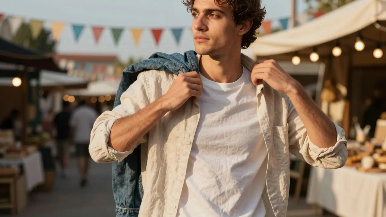 Man in linen shirt and denim jacket at a sunny outdoor market