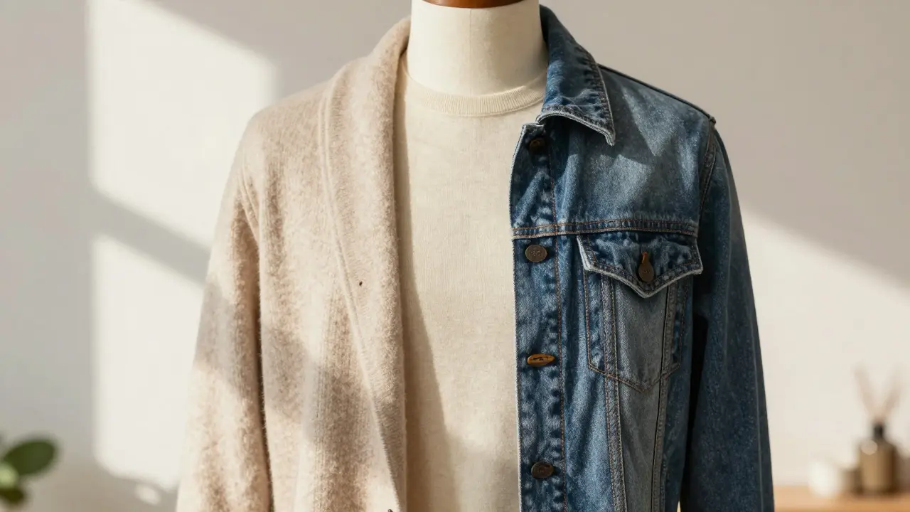 Mannequin displaying layered merino, cardigan, and denim outfit