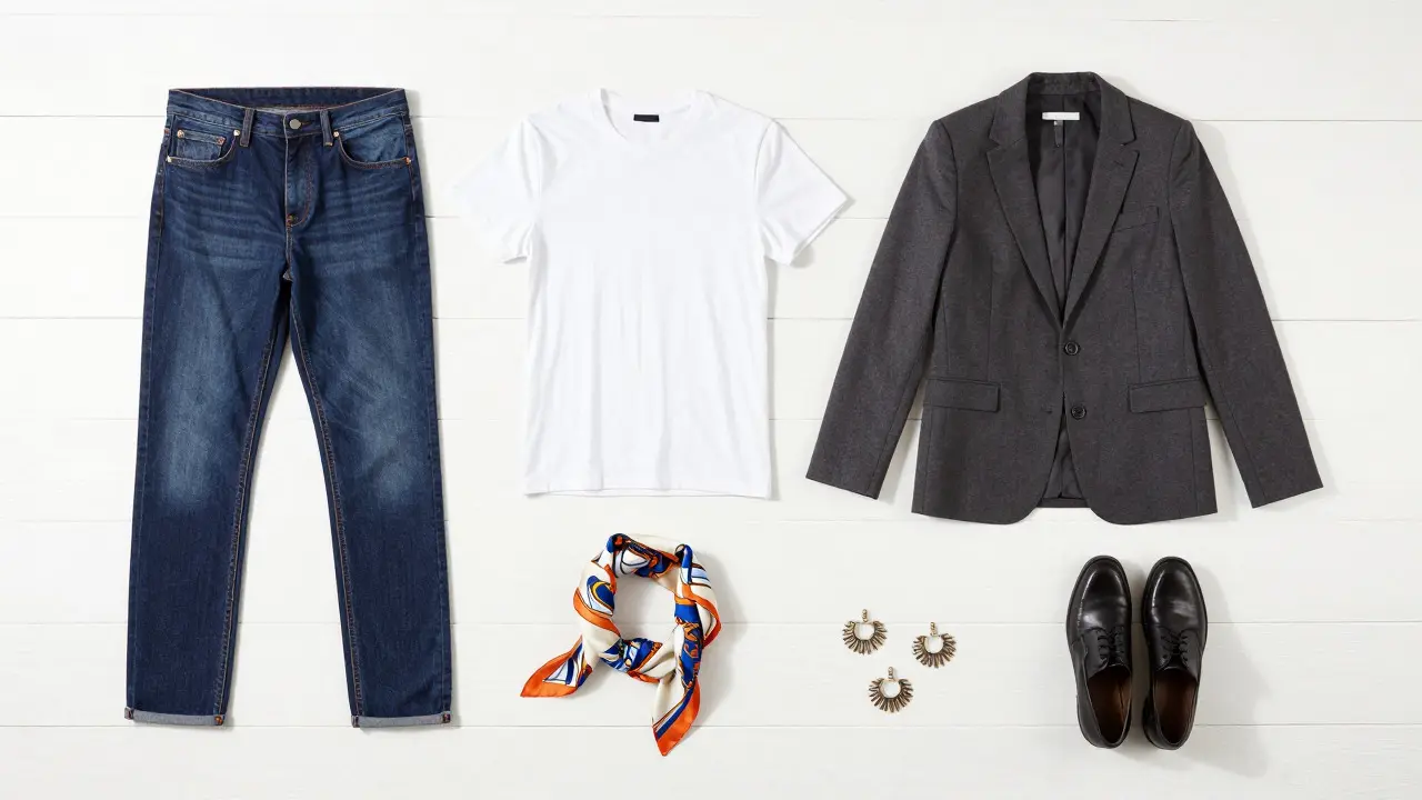 Minimalist capsule wardrobe with basics and accent pieces laid out
