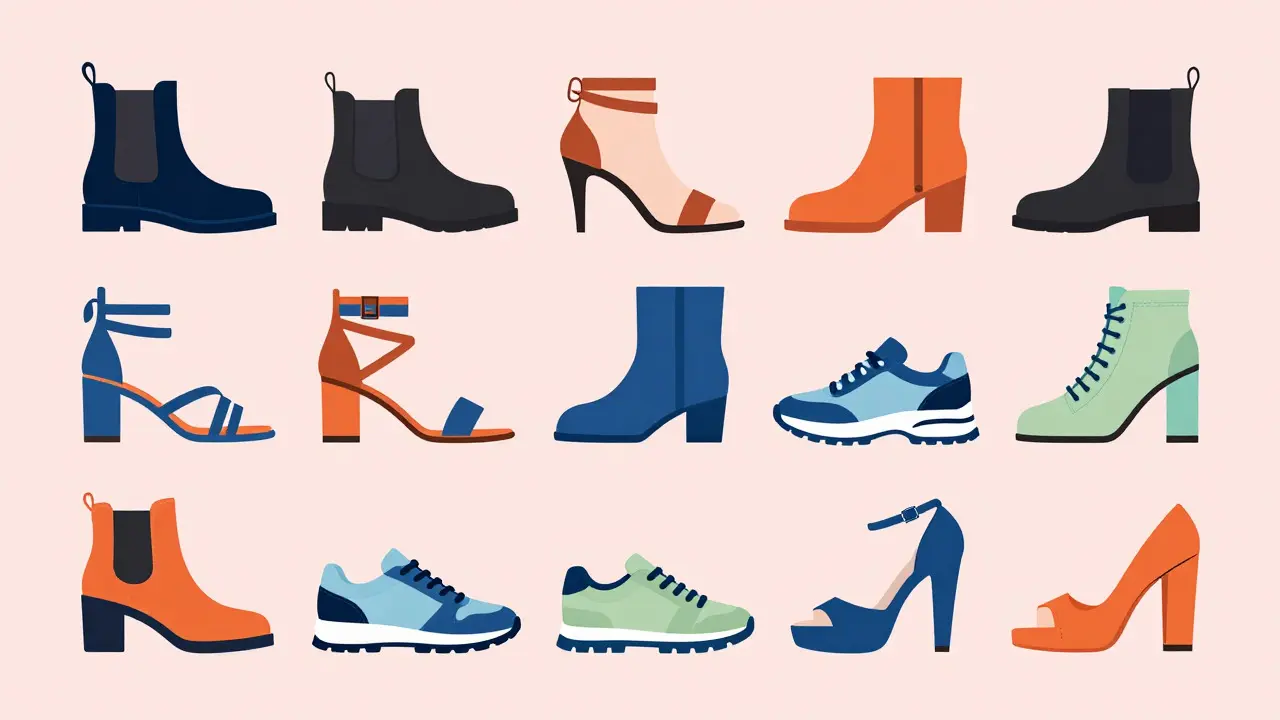 Minimalist illustration of various shoe styles