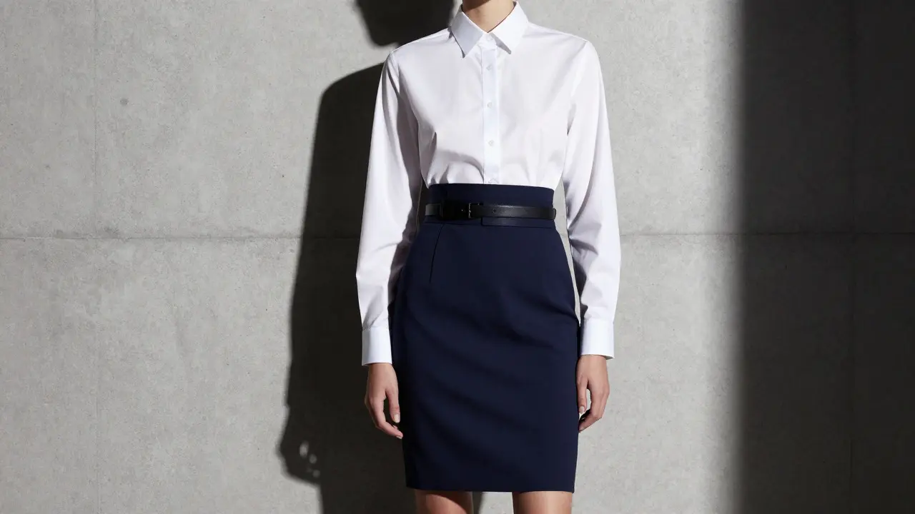 Model in a white shirt and navy skirt demonstrating sharp high-contrast fashion styling