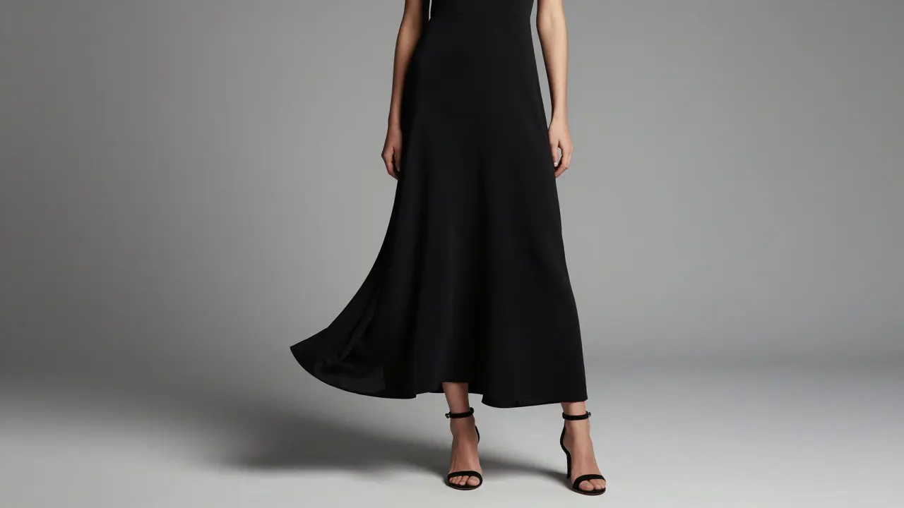 Model in black dress with matching black ankle straps