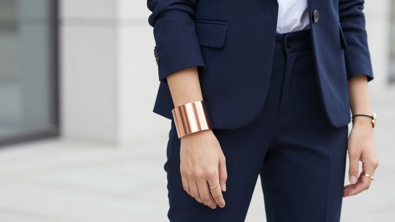 Navy blazer outfit accented with a single wide rose gold cuff bracelet