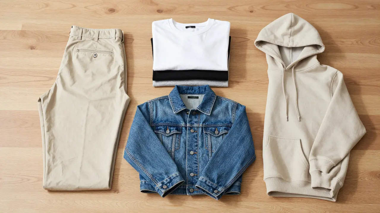 Neatly arranged casual wardrobe staples including jeans, tees, and jackets