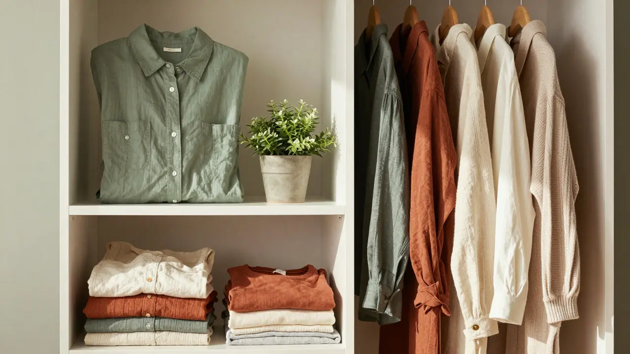 Organized closet filled with sustainable clothes in earthy neutral tones