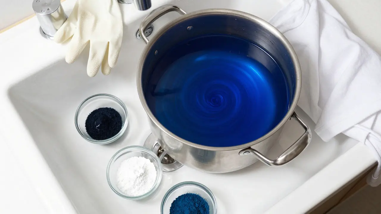 Overhead view of a sink with a pot of blue dye, gloves, and a white t-shirt
