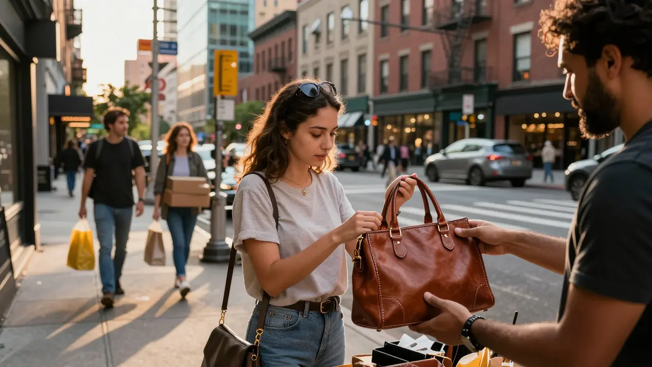 People inspecting a used handbag on a sunny city street