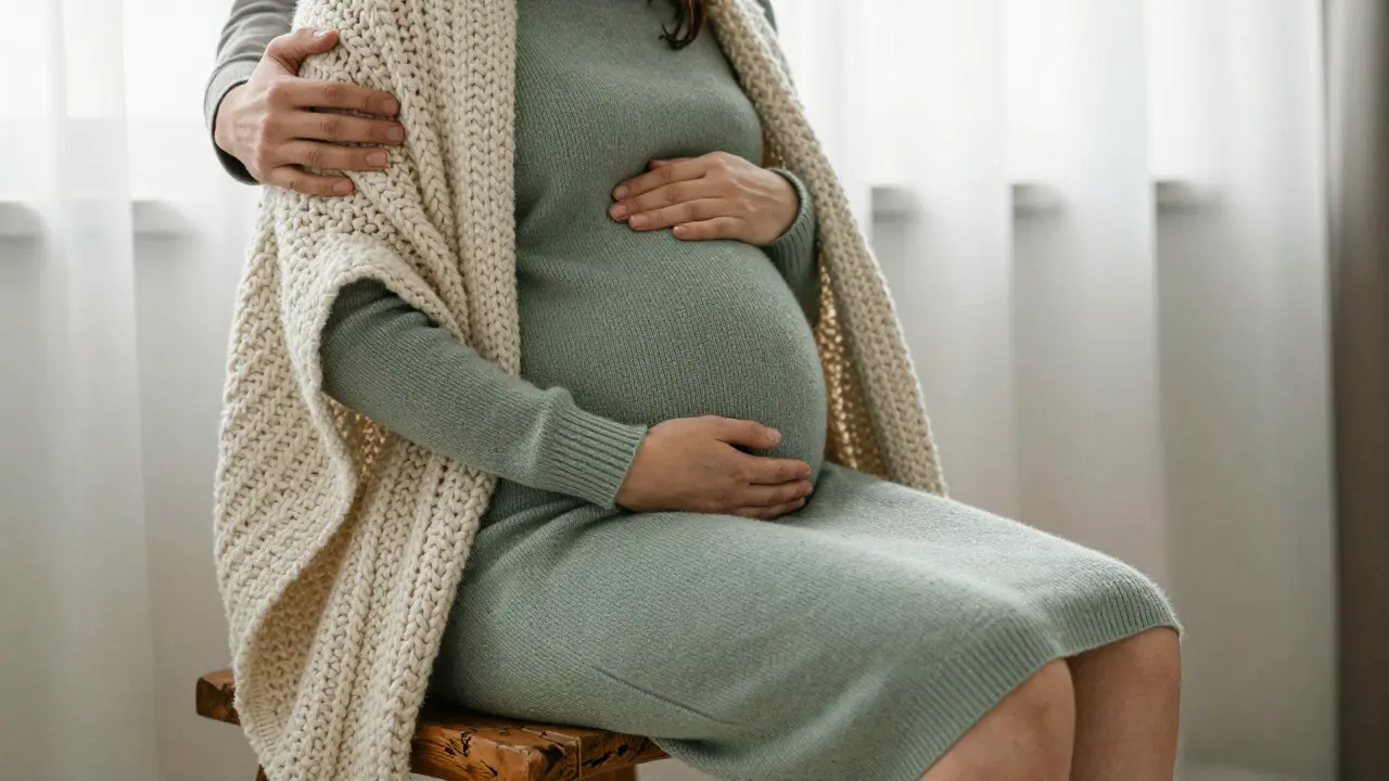 Pregnant couple in cozy knitwear sharing intimate moment indoors