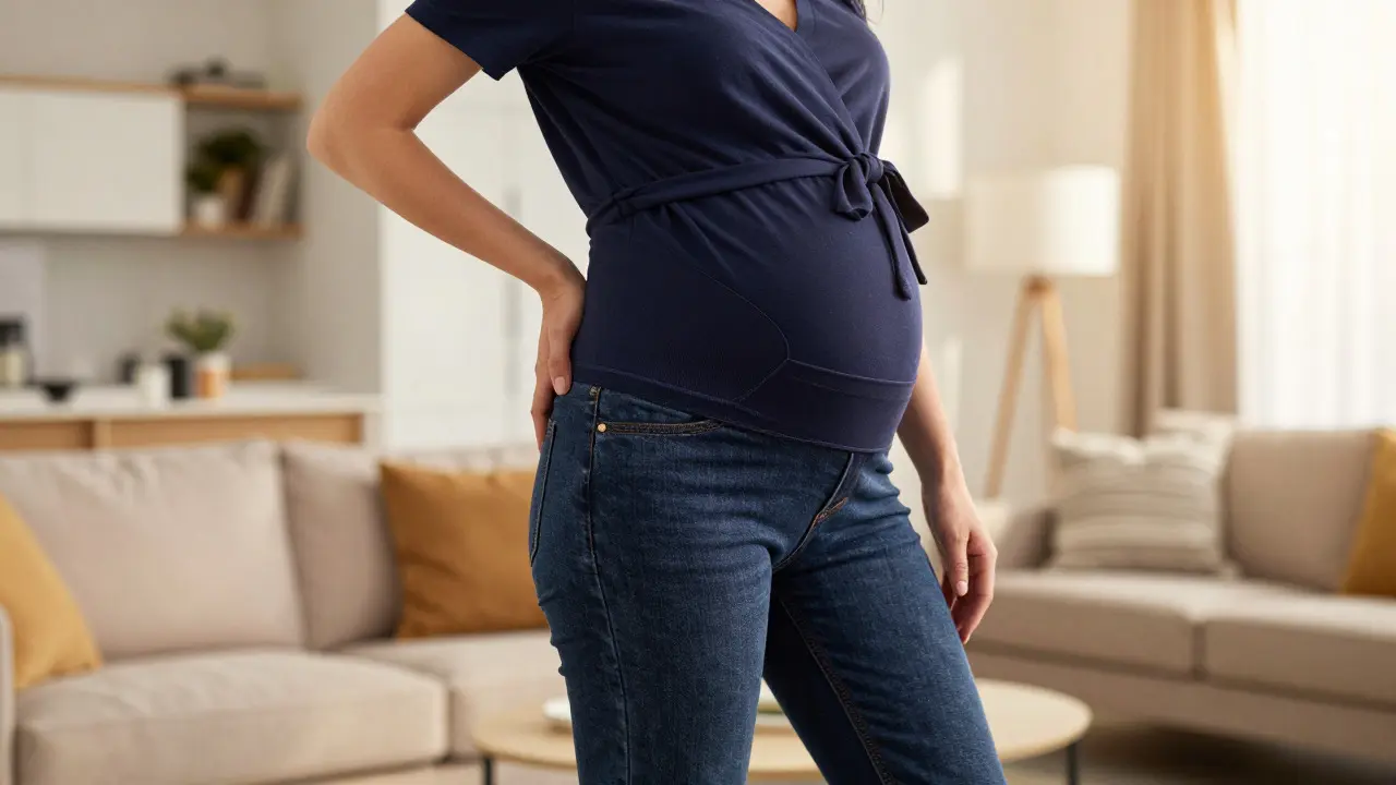 Pregnant woman wearing maternity jeans and a wrap dress in a living room