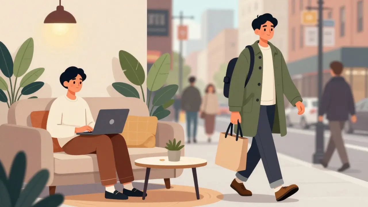 Split view of stylish casual home wear and practical city outfit