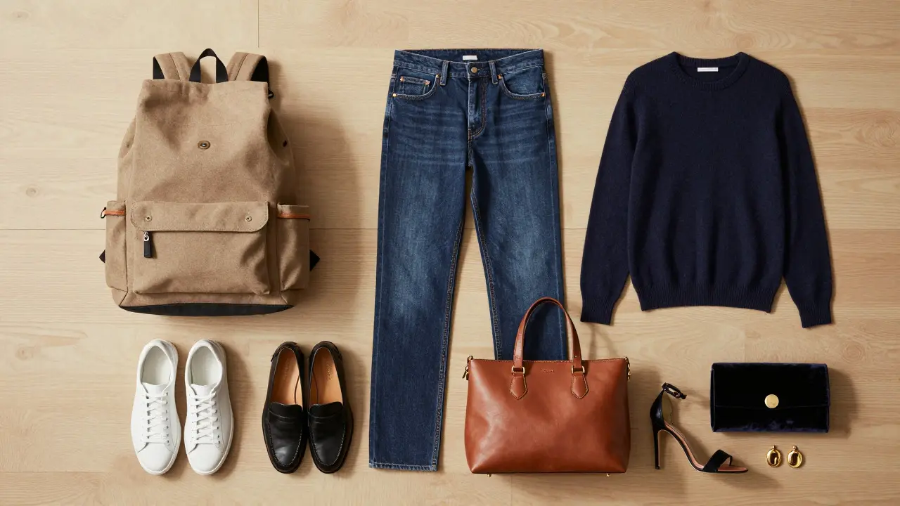 Still life of capsule wardrobe basics paired with casual, work, and evening accessories