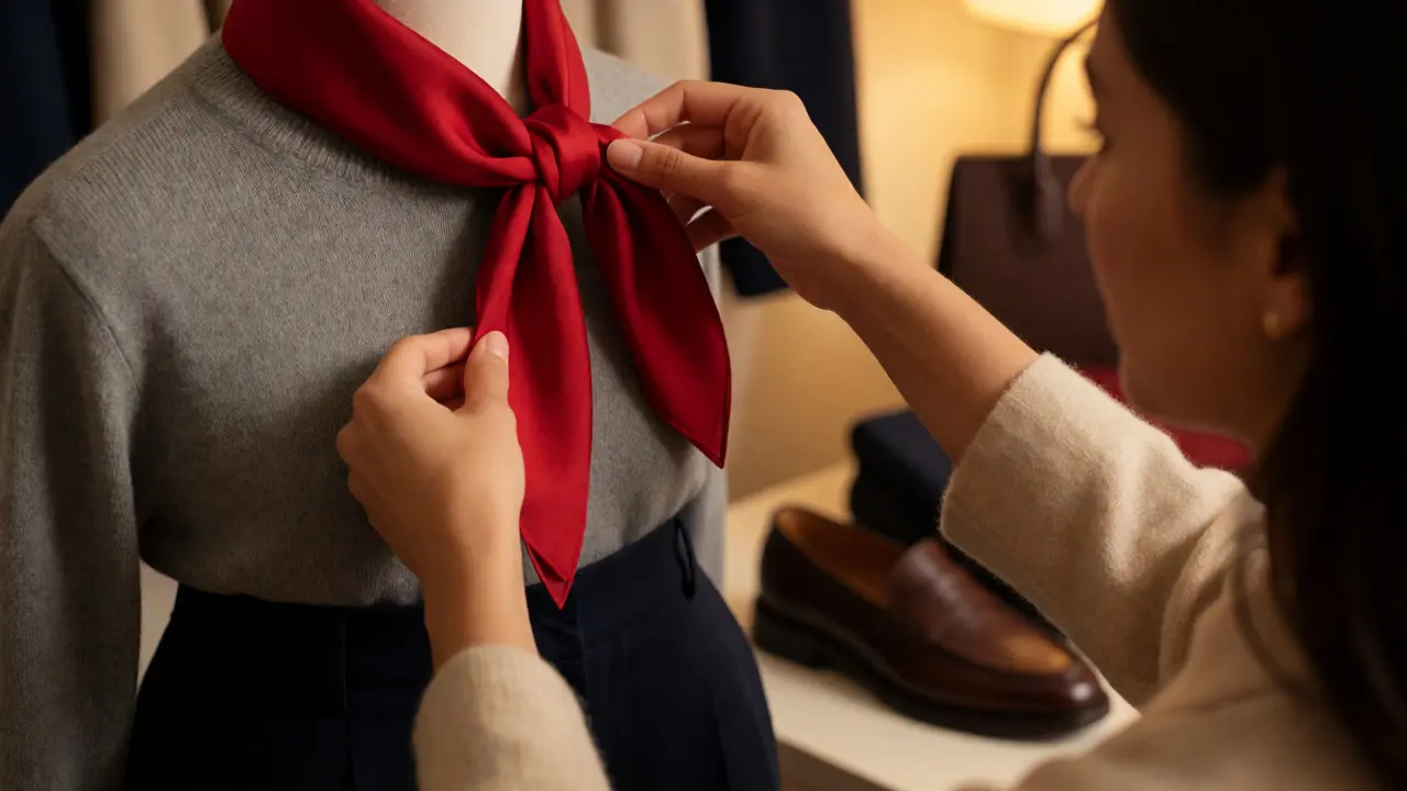 Styling a gray sweater with a red scarf to create a new look.