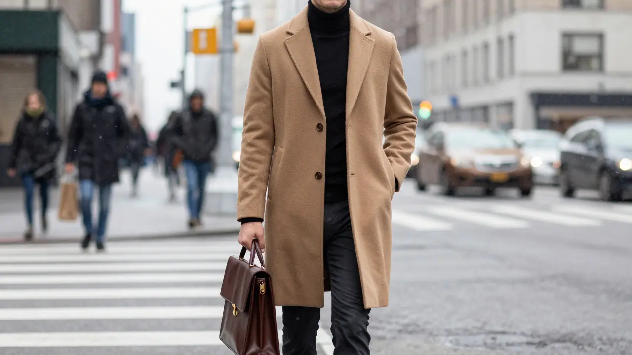 Stylish commuter in a tailored camel overcoat walking in a snowy city street