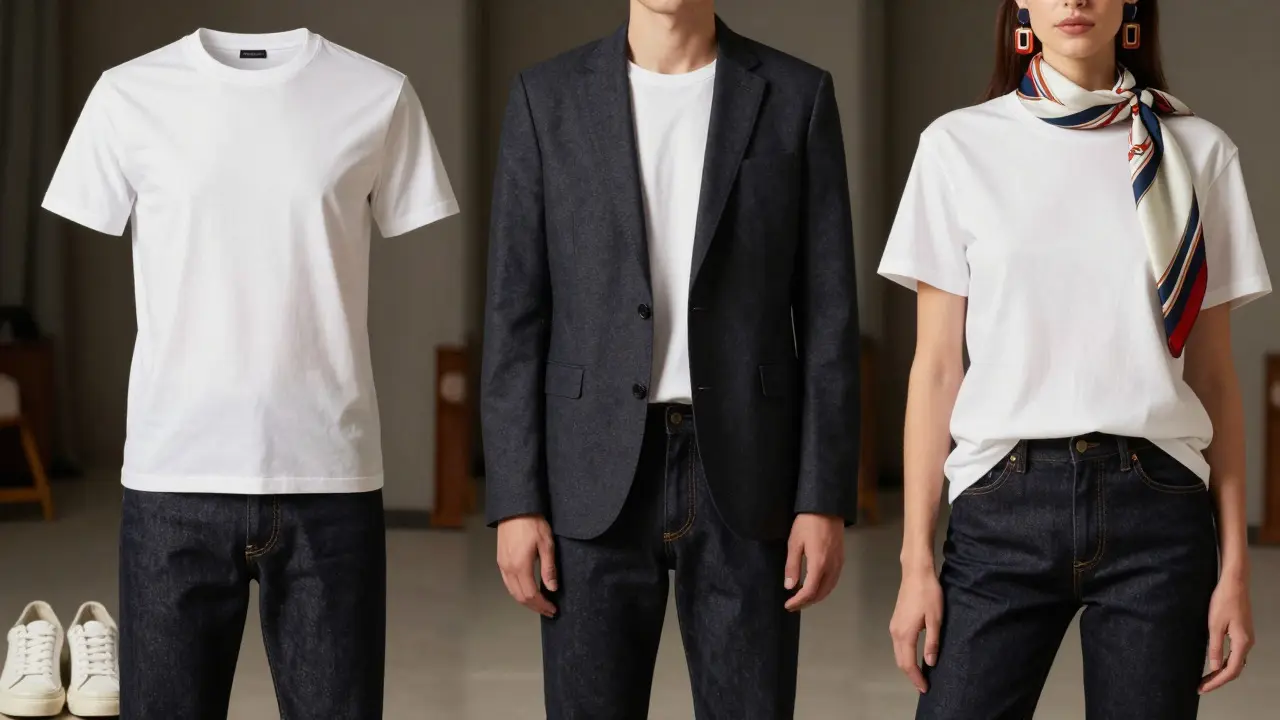 Three variations of the same outfit showing how accessories change the style.