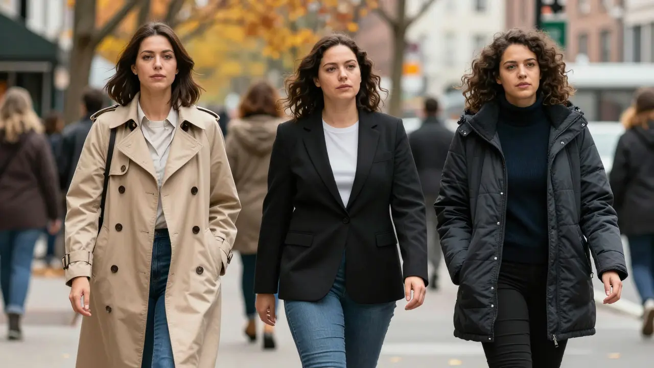 Three women walking confidently in well-fitted coats on a city street