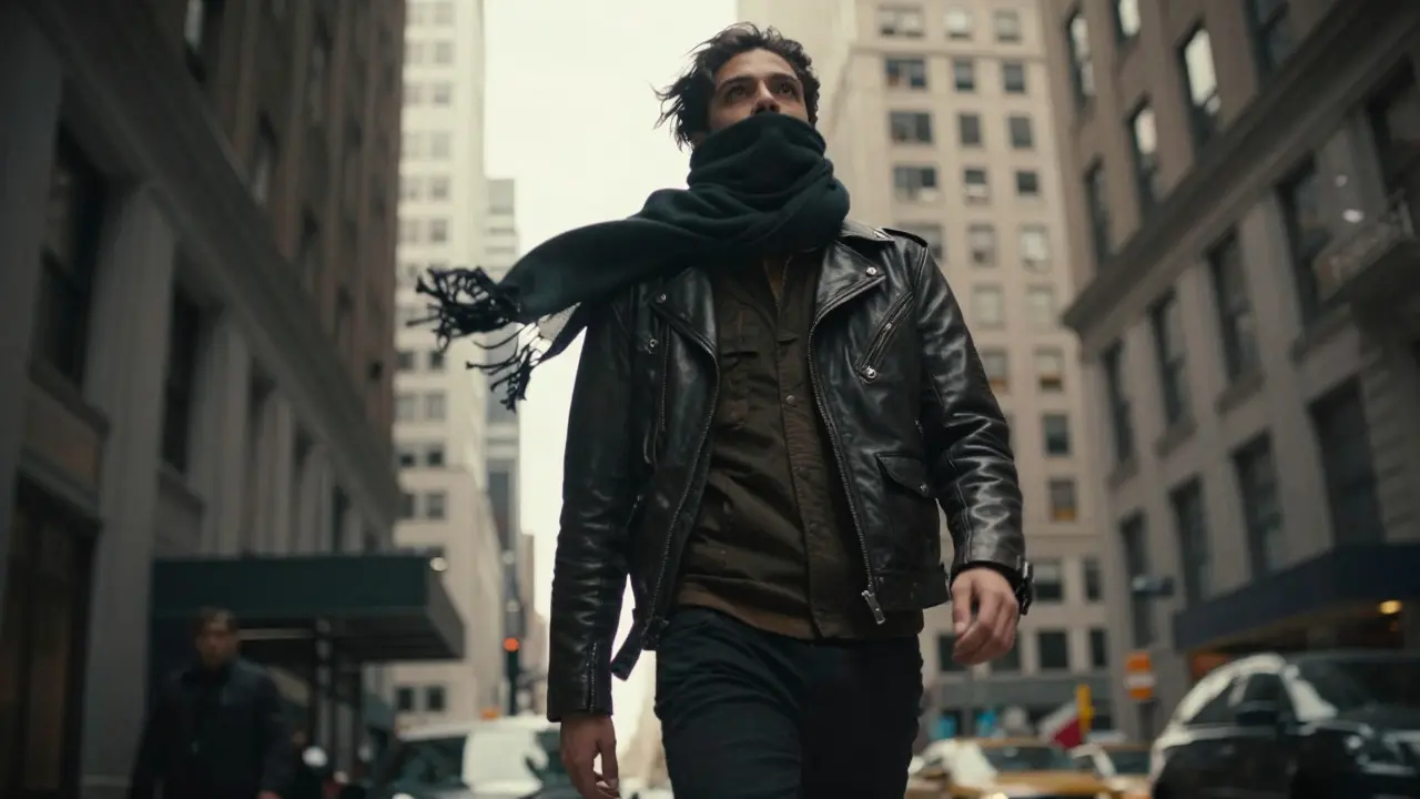 Urban figure in leather jacket walking through windy city streets