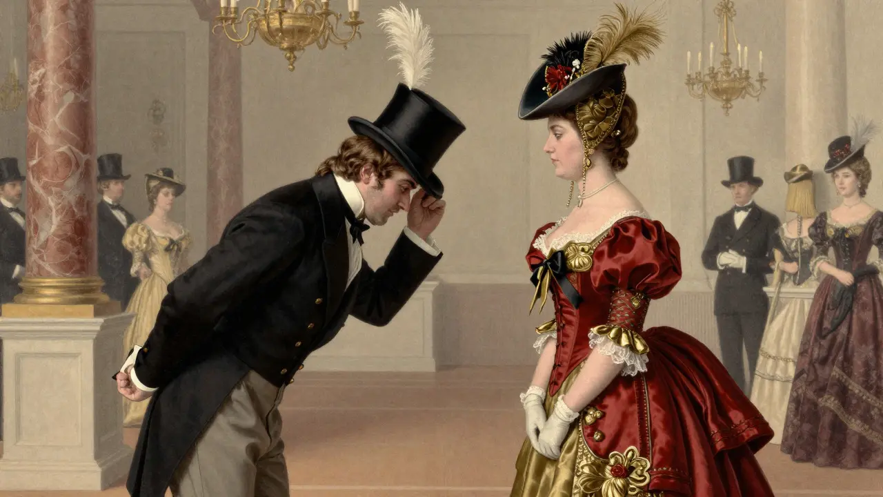 Victorian gentleman tipping hat to woman in bonnet