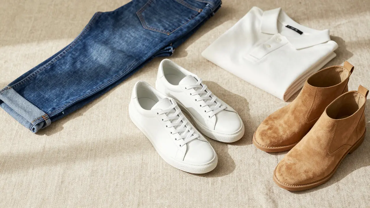 White sneakers, canvas shoes, and chukkas on linen