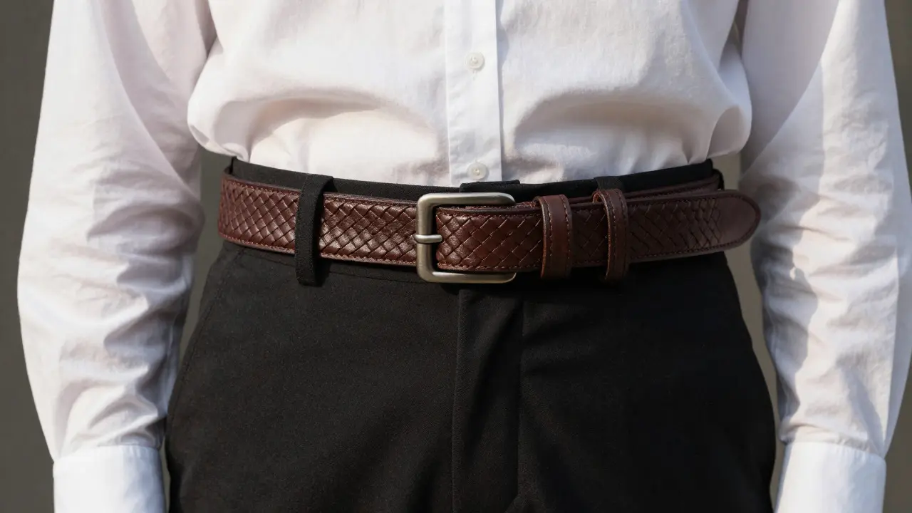 Wide woven leather belt cinching black trousers at the waist