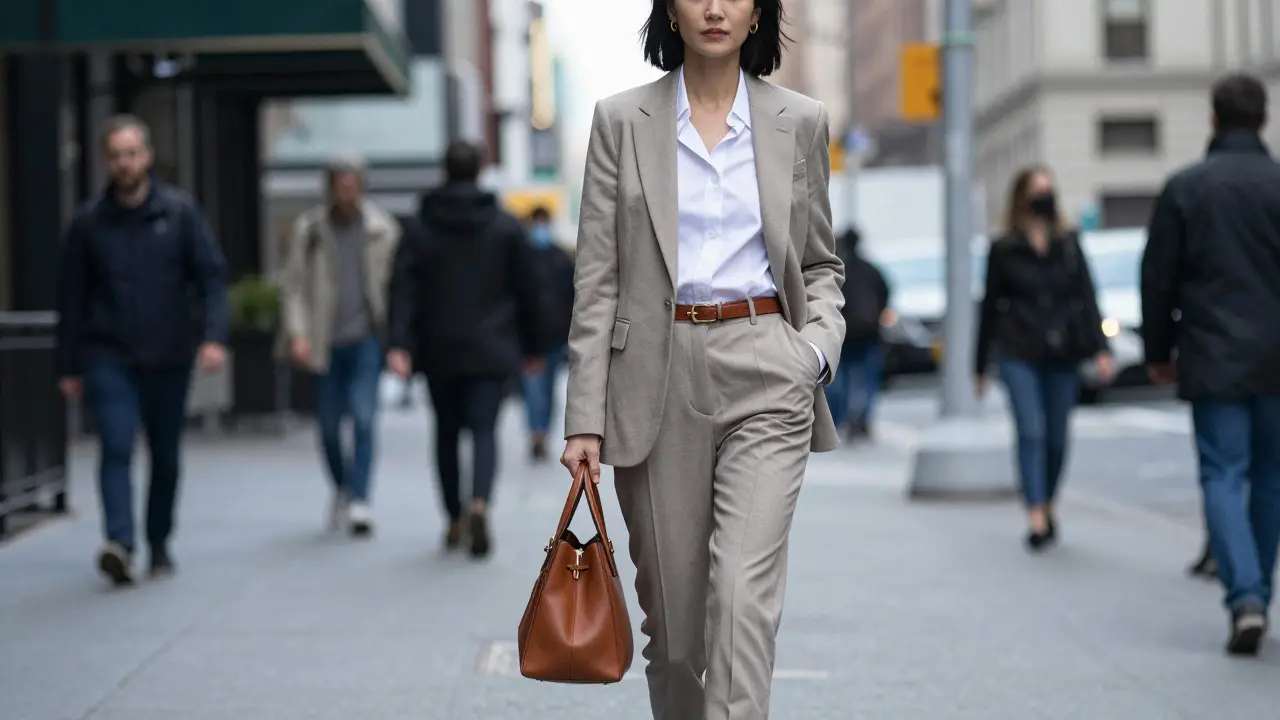 Woman in chic tailored outfit with coordinated leather accessories on city street