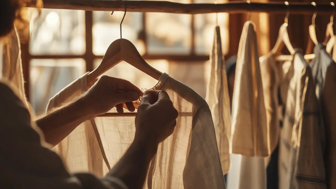 Artisan hands stitching a garment in a sunlit workshop, highlighting slow fashion craftsmanship.