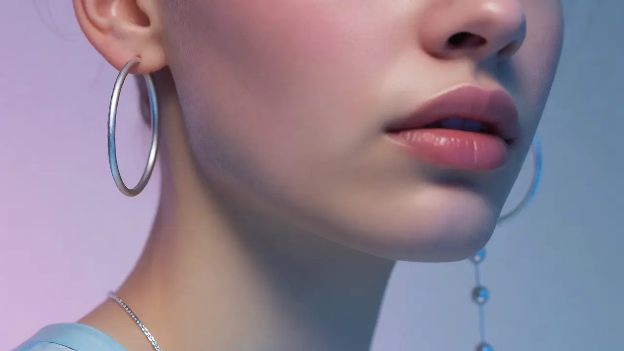 Close-up of cool-toned skin wearing matte silver jewelry and pearls.