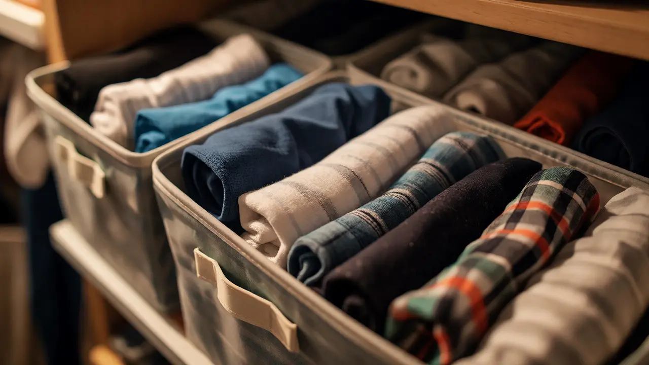 Close-up of folded clothes sorted into functional storage bins