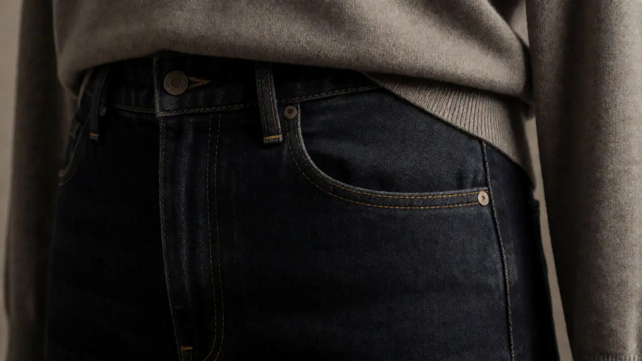 Close-up of high-quality denim and knitwear showing durable fabric textures.