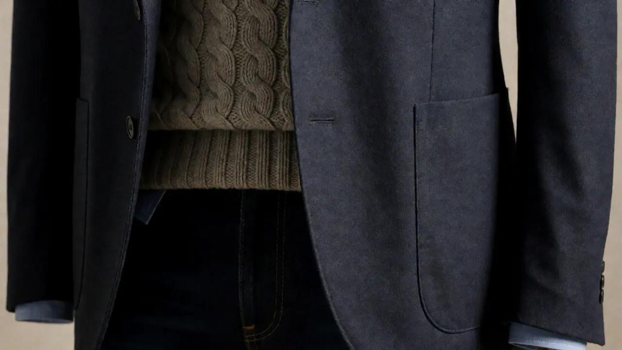 Close-up of layered smart casual outfit with blazer, knit, and Chelsea boots
