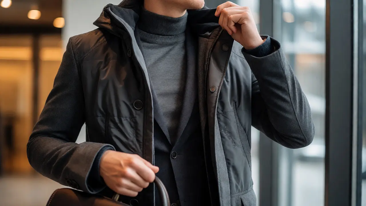 Close-up of tailored grey coat layering over merino sweater indoors