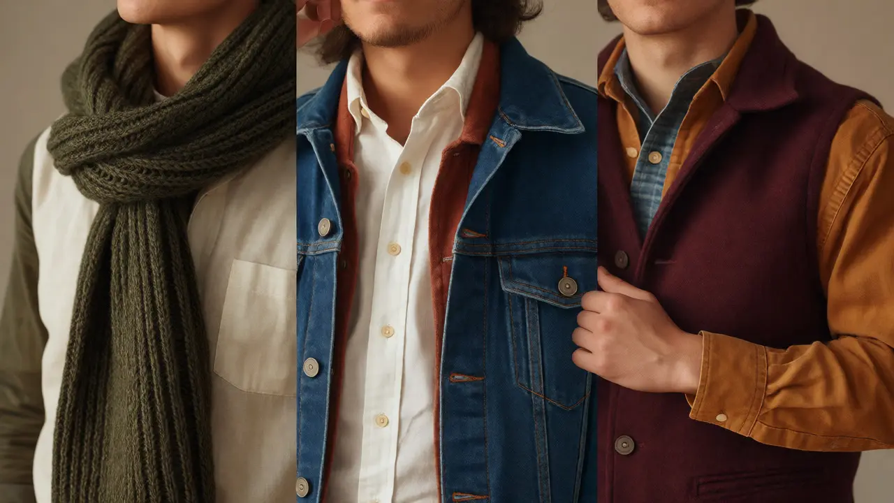Close-up of textured wool, linen, and denim fabrics in earth tones for photoshoots