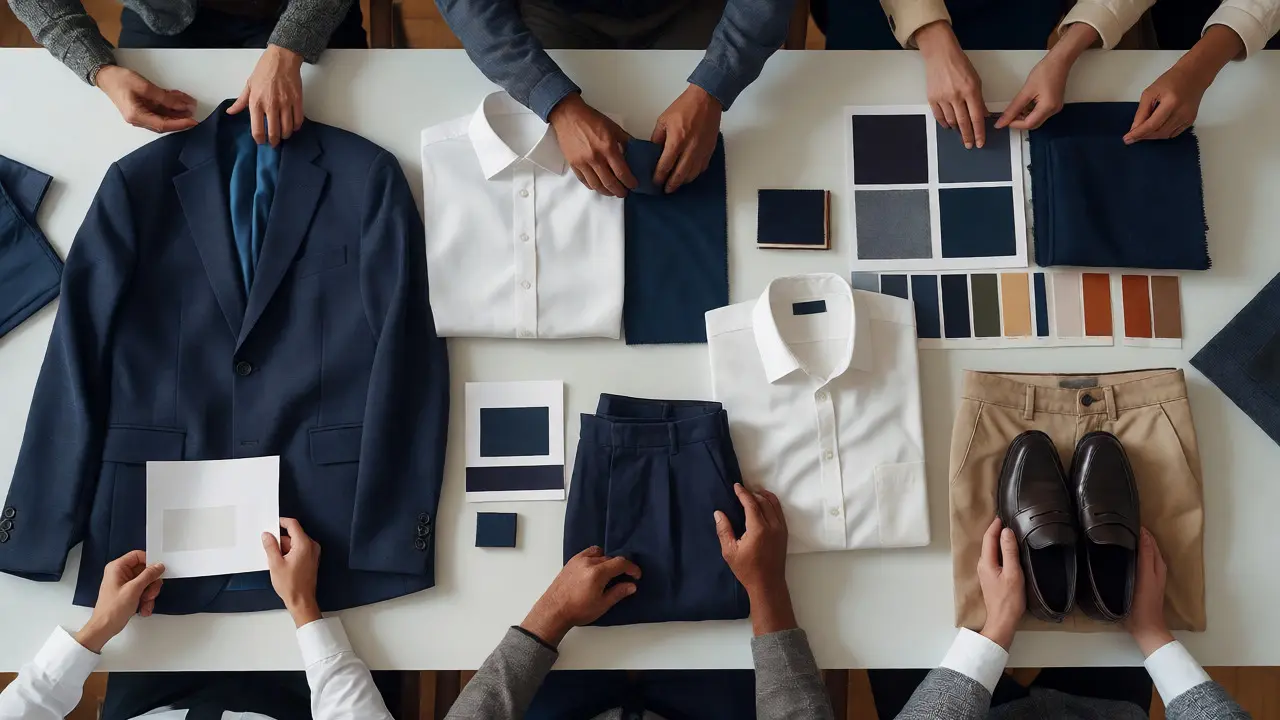 Clothing samples and fabric swatches arranged on a table