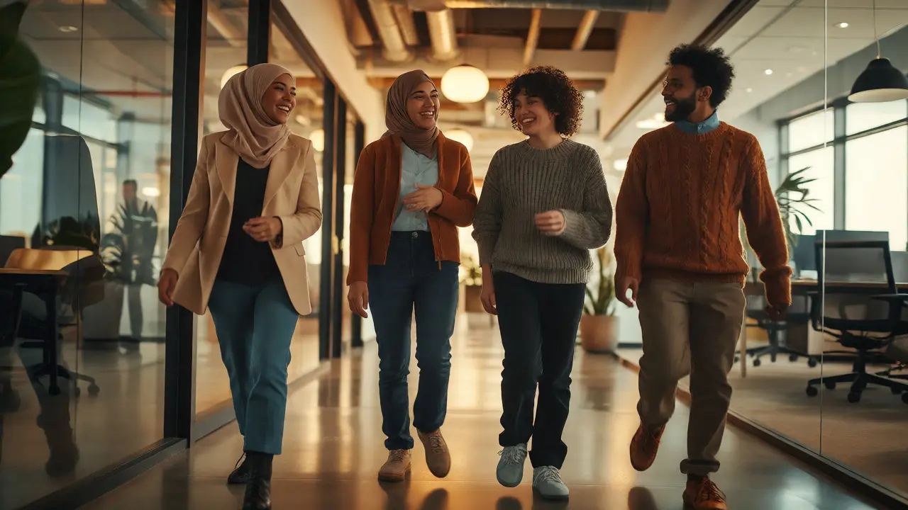 Confident diverse team walking in a bright office hallway
