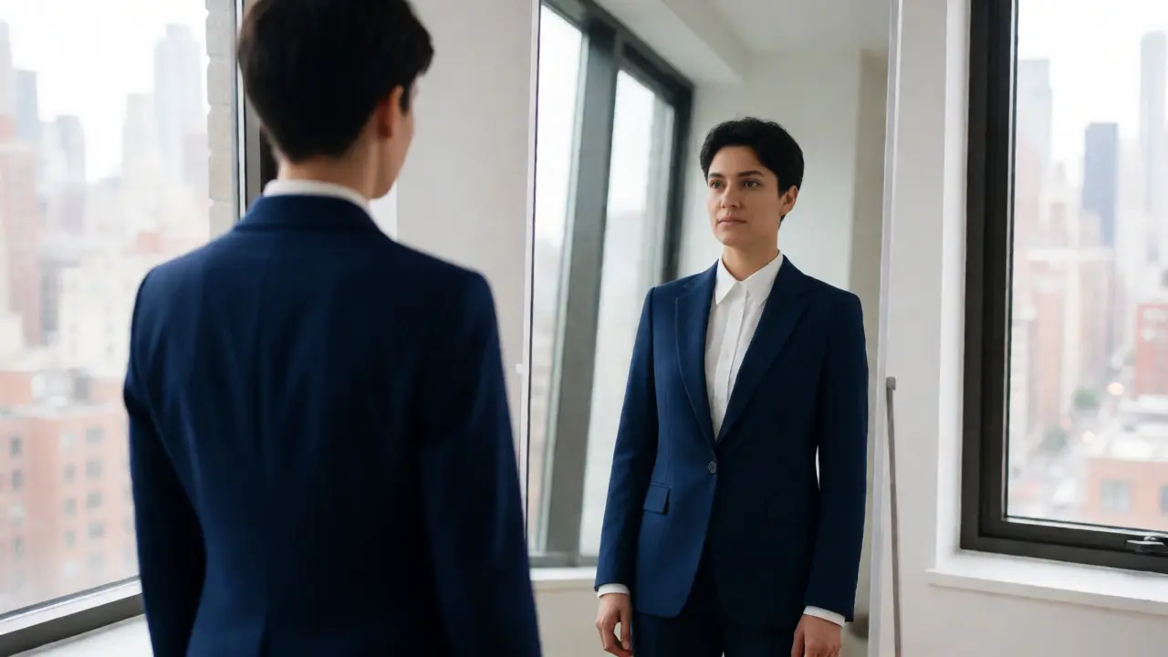 Confident person in a navy blazer checking their posture in a mirror
