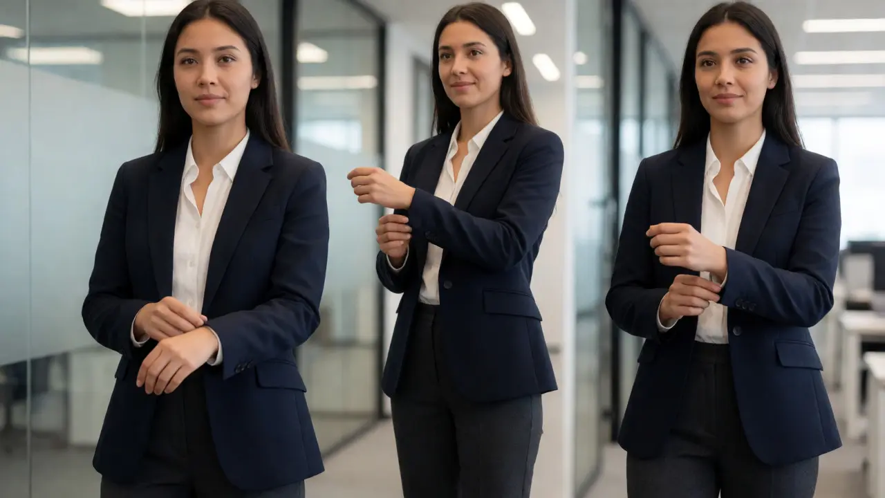Confident professional woman in a fitted navy blazer and charcoal trousers in a modern office setting.