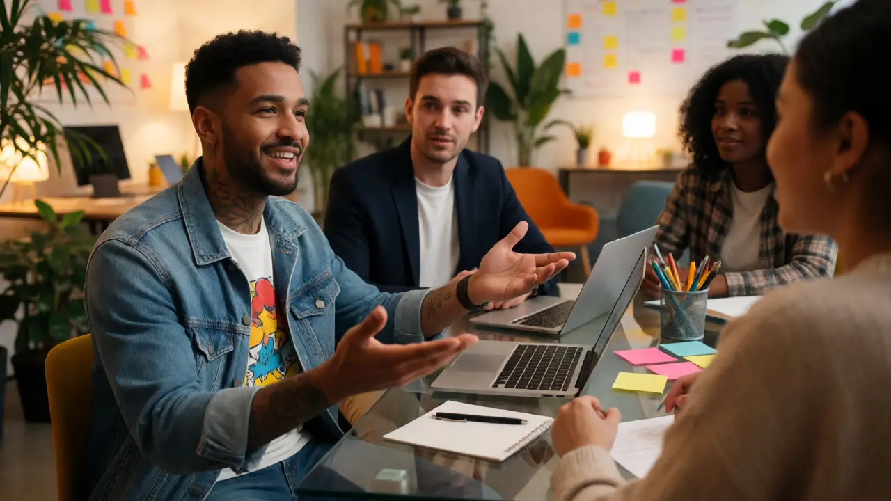 Creative team collaborating in an office where visible tattoos are accepted.