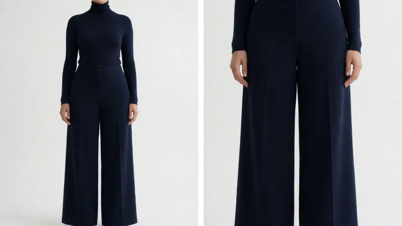 Curvy model in monochromatic navy outfit demonstrating vertical visual proportions.
