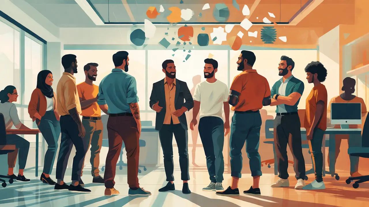 Diverse group of professionals in varied but cohesive attire connecting warmly in an inclusive office.