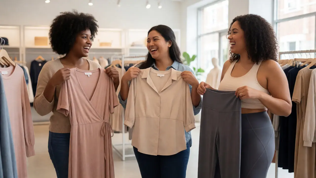 Diverse group of women happily shopping for clothes in a size-inclusive store.