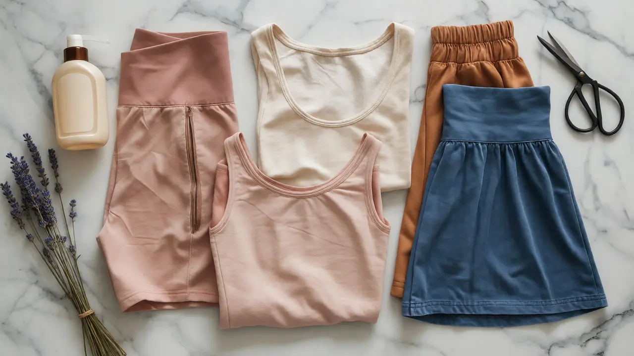 Flat lay of comfortable postpartum clothing including under-bump shorts and soft tops.