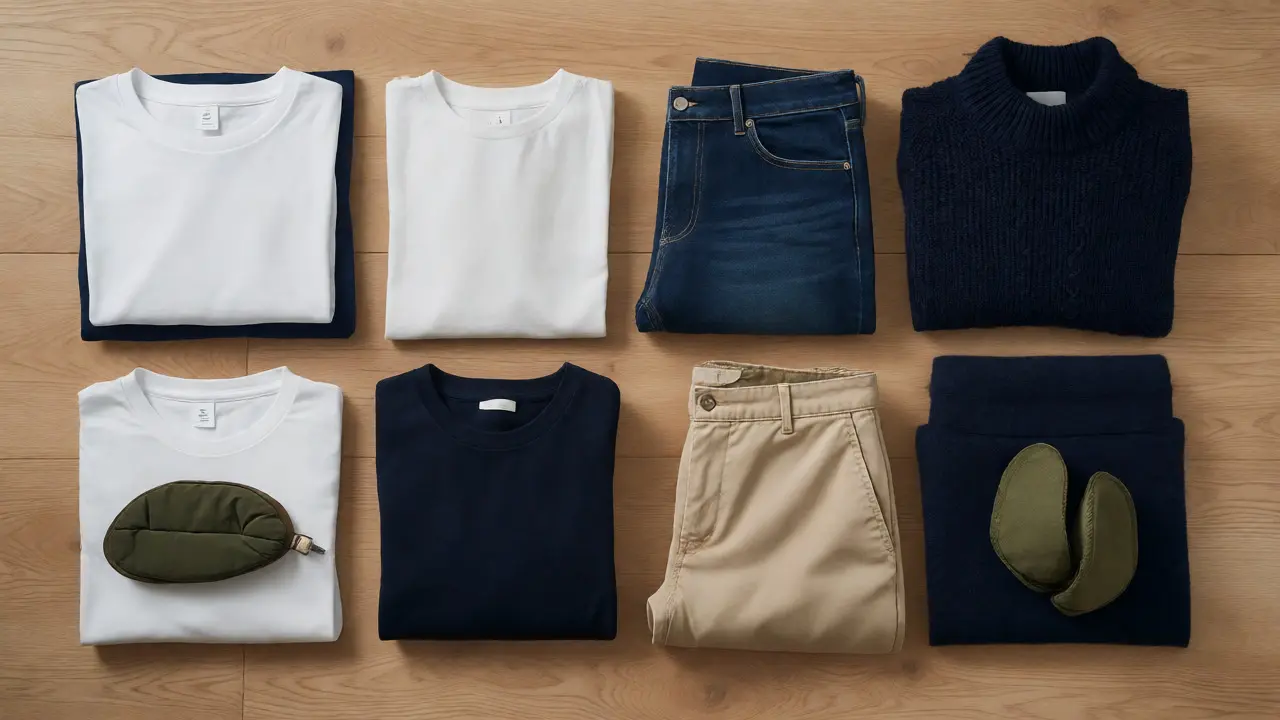 Flat lay of neutral capsule wardrobe essentials on wood