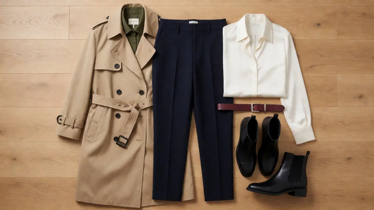 Flat lay of versatile capsule wardrobe essentials including coats, tops, and shoes on wood.