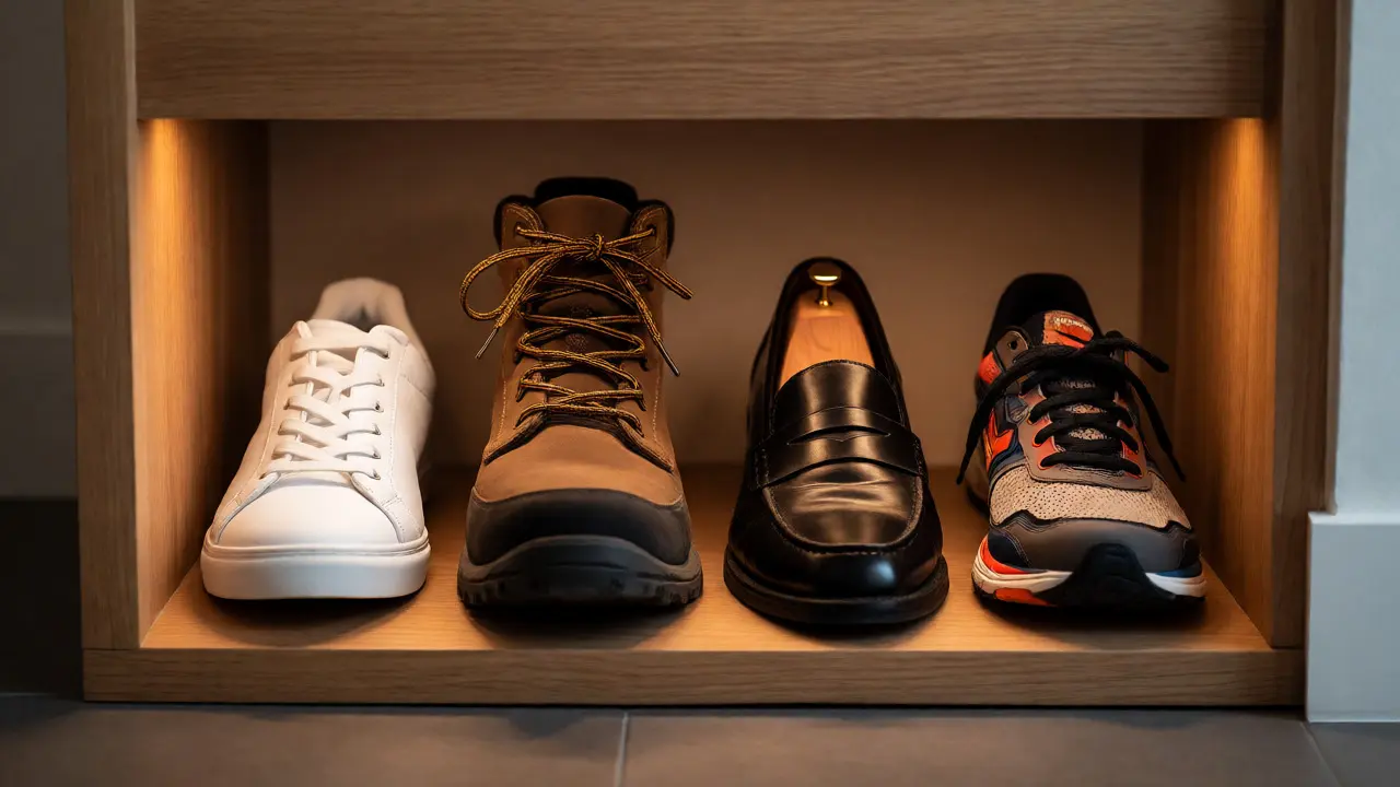 Four distinct pairs of shoes organized on an open wooden shelf with cedar shoe trees