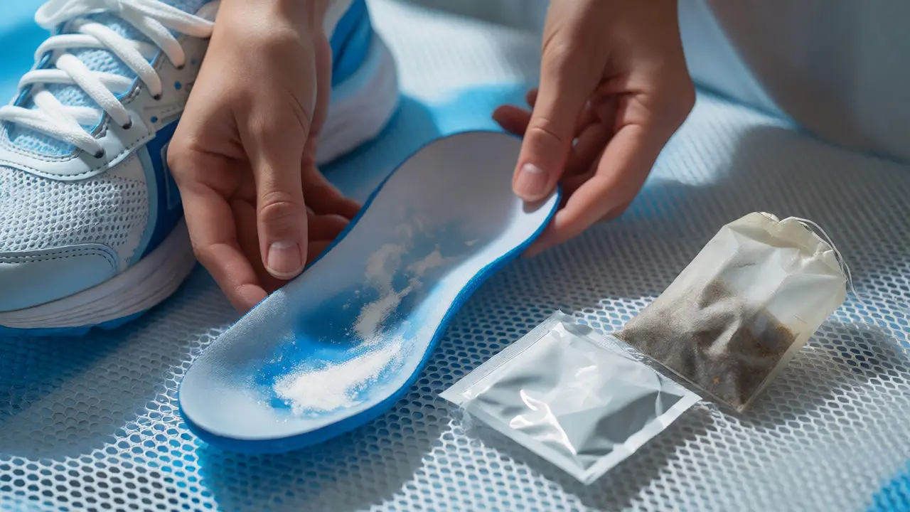 Hands removing a shoe insole next to baking soda and a tea bag for odor control