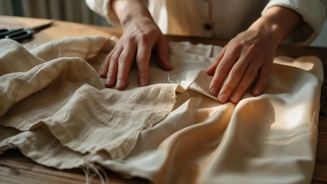 Hands touching breathable linen and bamboo fabric swatches