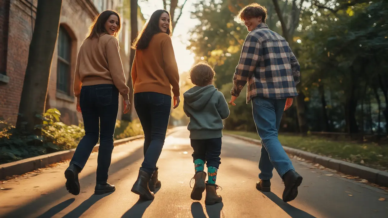 Happy family walking outdoors with casual coordinated clothes and playful socks