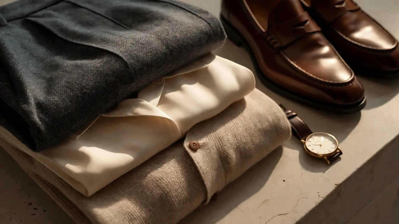 High-quality office fabrics like wool and silk arranged with leather shoes.